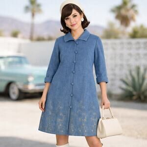 Vintage 60s Blue Wool Coat Dress Metallic Hem Mod Women’s Small/Medium